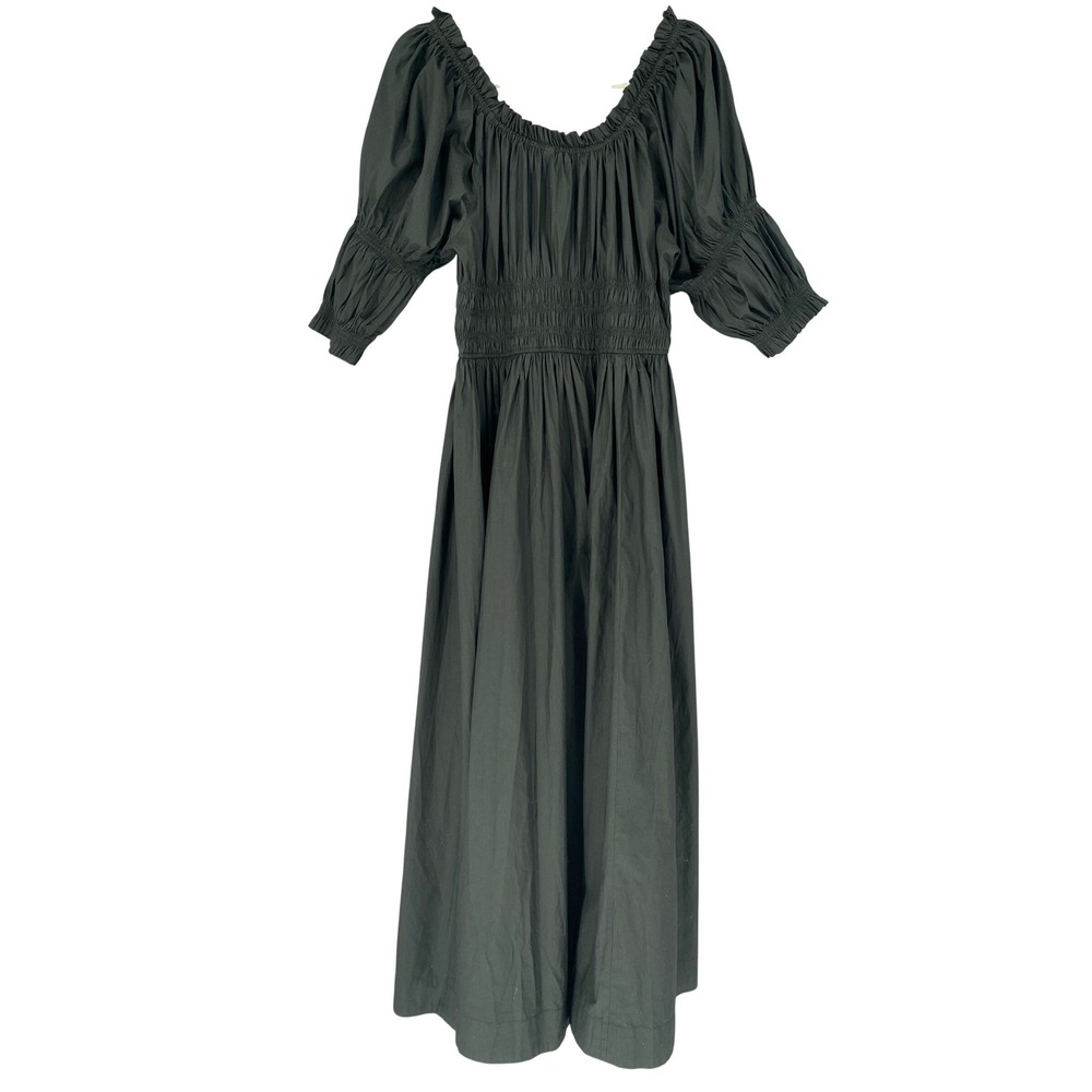 Doen Ischia Dress Black Organic Cotton Viscose Smocked Puff Sleeve Midi XL - Picture 8 of 16